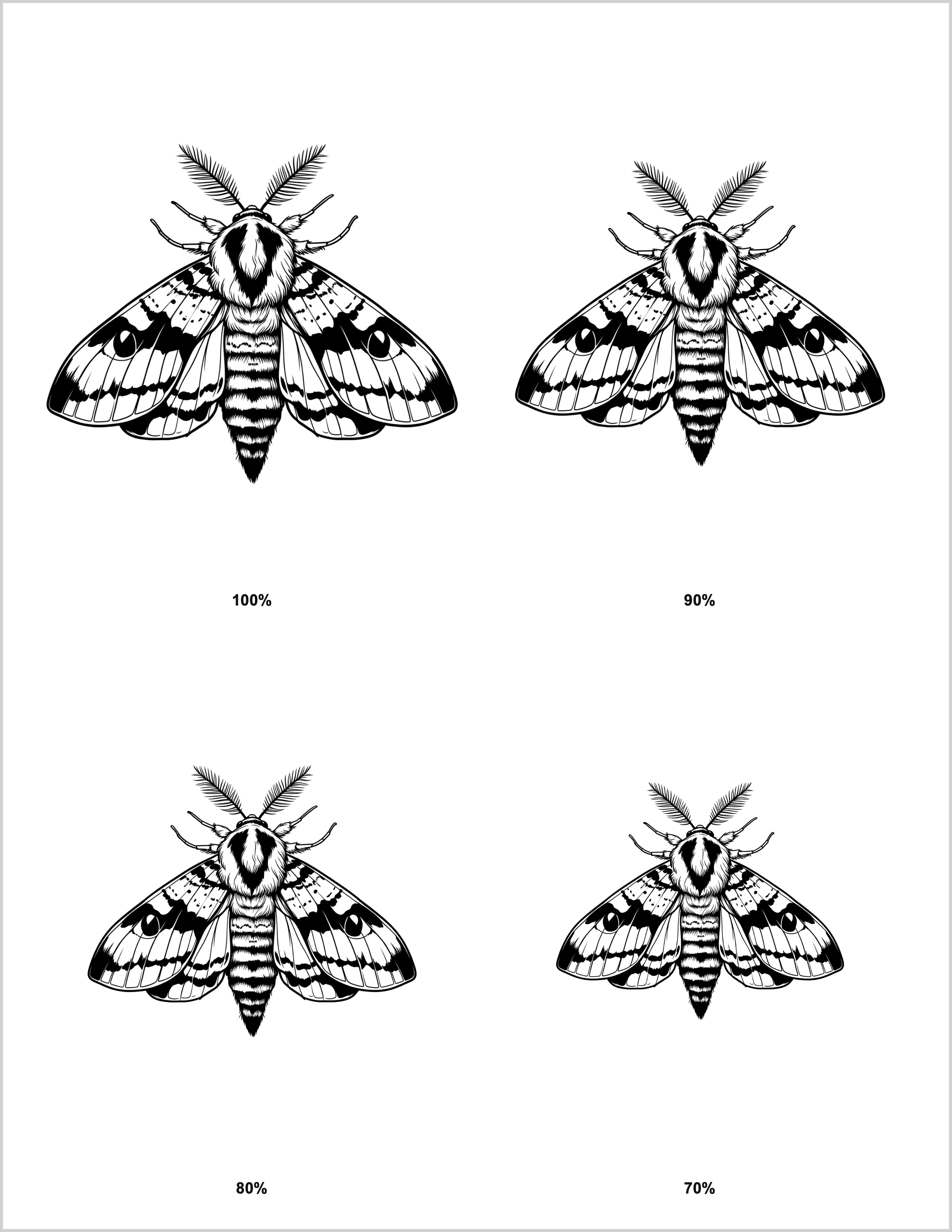 Tattoo stencil size sheet showing multiple scale options from 100 percent to 70 percent